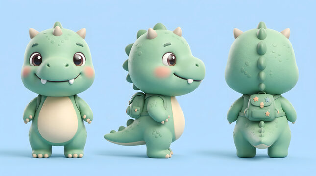 character turnaround sheet showing front, side and back views of an adorable baby dinosaur mascot.