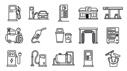 Fototapeta premium Gas station line icons set, 15 fuel station and car service vector elements, petrol pump and electric vehicle charging station symbols for automotive apps