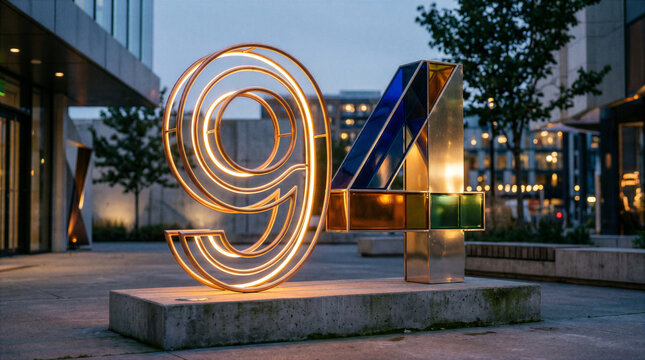 Modern illuminated sculpture of number 94 in a contemporary urban outdoor plaza at dusk