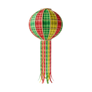 A vibrant, spherical brazilian festa junina paper lantern with a balsa wood frame, red, green, yellow checkered paper, and silky ribbons, on a minimalist white studio background. Festive cultural