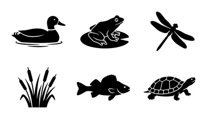 Obraz premium Pond Life Icons Set: Duck, Frog, Dragonfly, Reeds, Fish, Turtle, Aquatic Nature Graphics, Simple Black and White Vector Illustrations for Wildlife and Ecosystem Concepts