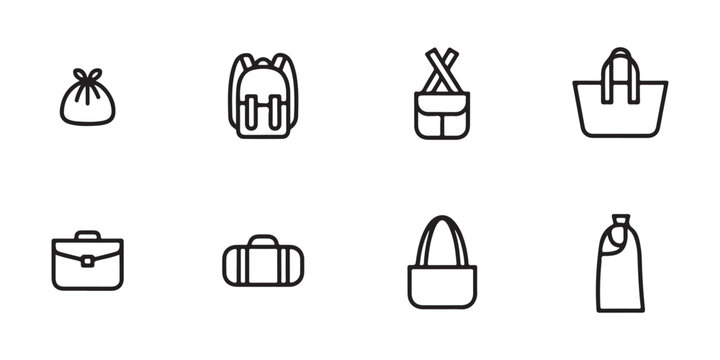 Line style icon set depicting various bags and backpacks for travel school or everyday carrying.