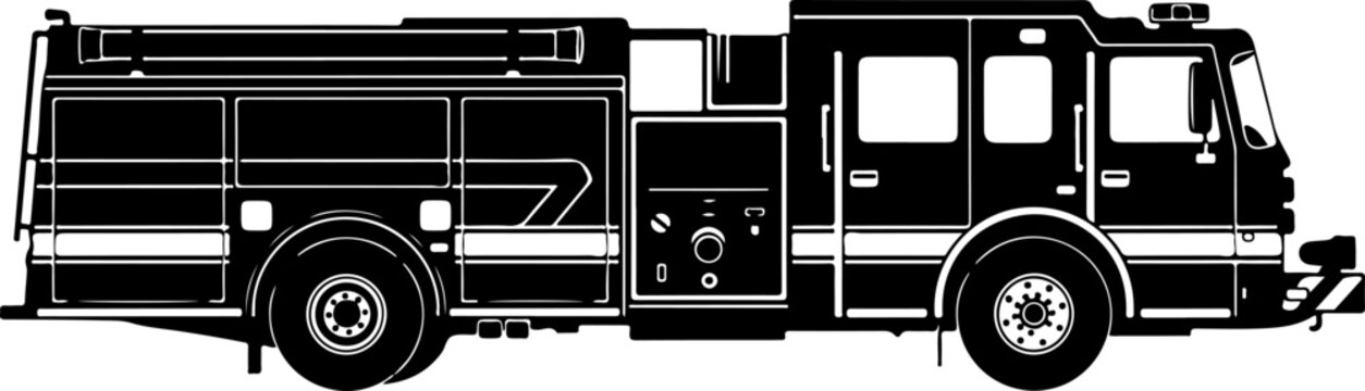 Fire truck, emergency vehicle, rescue truck, black and white, vector illustration, fire engine