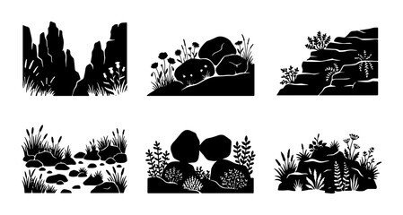 Black Silhouette Rock and Plant Elements, Natural Landscape Vignettes, Organic Ground Cover Vector Set for Nature Design © Tanvir