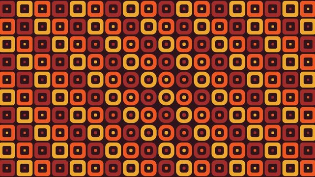 A visually striking and harmonious abstract pattern featuring a grid of rounded squares and circles in warm, earthy tones of orange, yellow, and brown, creating a sense of depth and rhythm