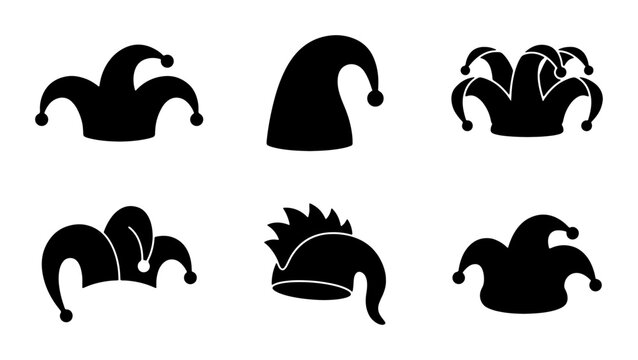 Jester Hats Collection, Medieval Fool Caps, Carnival Costume Accessories, Silhouette Icons for Festive Design