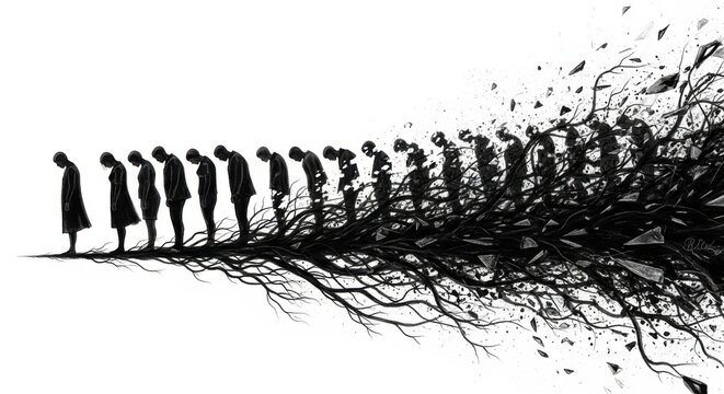 A line of people bowing and dissolving into abstract shapes isolated on white background