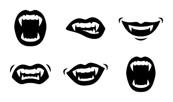 Vampire Fangs Mouth Icons, Scary Halloween Lips Vector Set, Gothic Horror Bite Expressions, Black and White Graphic Elements