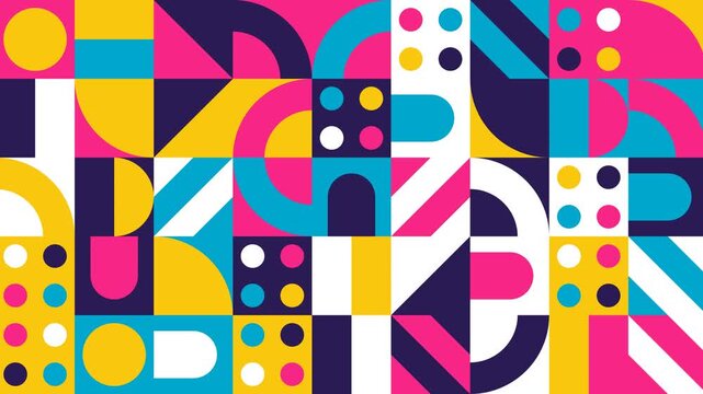 Vibrant abstract geometric pattern with colorful shapes and dots in a modern retro style.