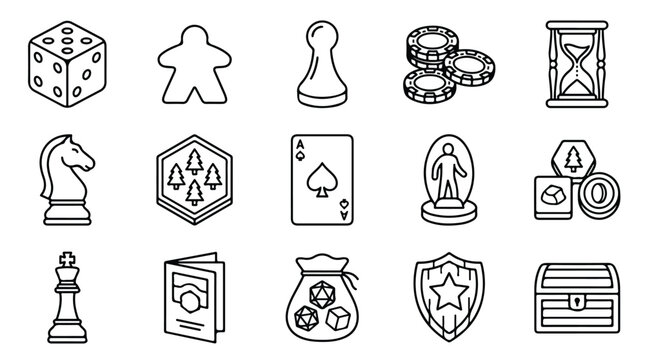 Board game icons set, tabletop gaming elements in thin line style, 15 hobby gaming vector symbols, dice and chess pieces outline illustrations