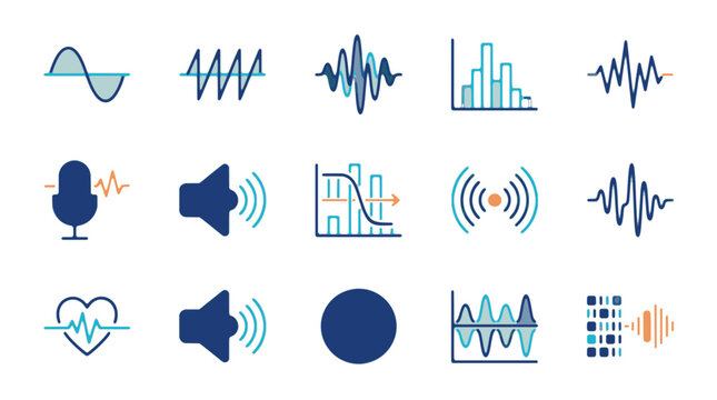 Collection of modern audio sound wave icons in various styles and designs for multimedia projects and creative applications