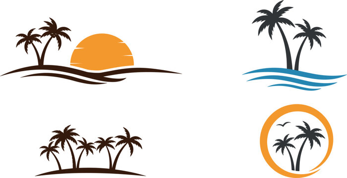 Tropical island logo collection featuring palm trees ocean waves and sunset beach paradise vector illustration set
