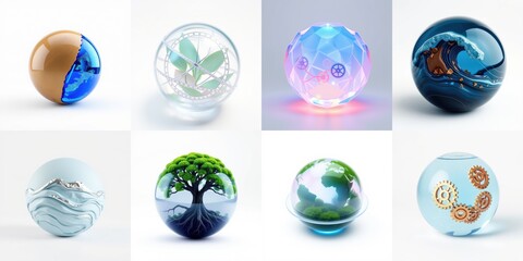 Fototapeta premium Spherical objects showcase diverse internal designs. Nature, technology, light, reflections create captivating visuals. Minimalist presentation, clean background.