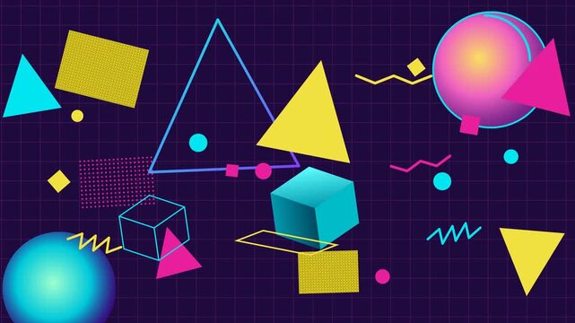 Vibrant abstract geometric shapes on a retro grid background, featuring spheres, triangles, squares, and cubes in a playful 80s-inspired design.