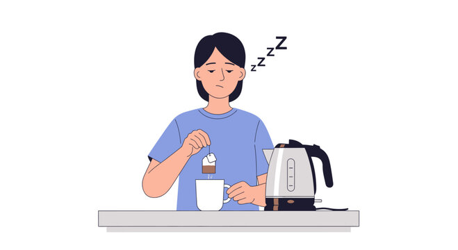 Tired person making tea, sleepy morning, feeling exhausted, needing caffeine, morning routine, home kitchen