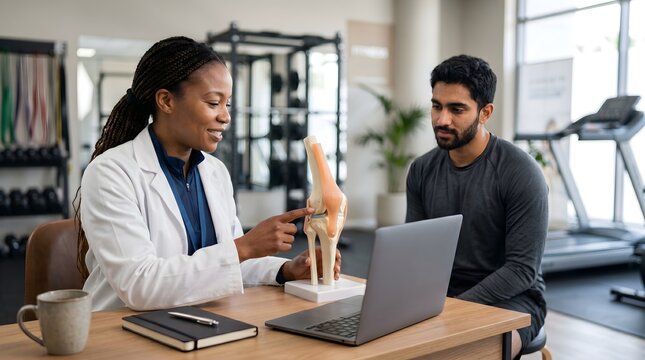 Physical therapist uses knee model to explain joint mechanics to male patient in gym setting, with exercise equipment in background, highlighting rehabilitation and sports medicine