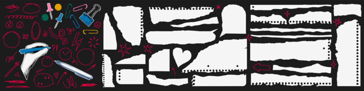 Torn white paper scraps set with doodles. Back to school. Collage stationery paper cut outs and doodle highlights and arrows. Trendy elements for scrapbook. Modern retro vector illustration isolated