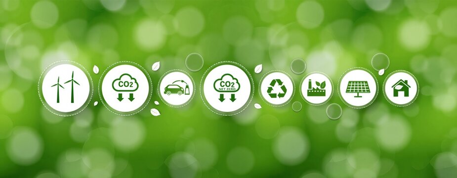 Sustainability and environment banner with green energy icons for nature ecology