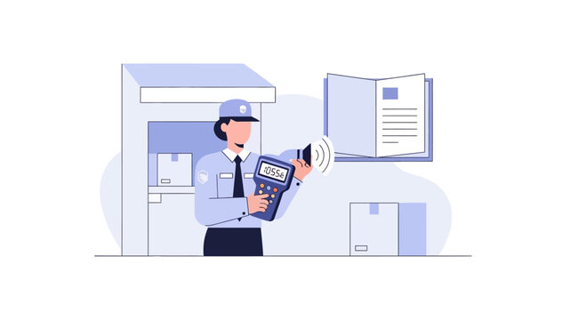 Delivery person scanning package at postal office counter with boxes and documents