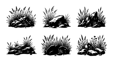 Set of 6 Hand-Drawn Stone and Grass Elements, Nature Landscape Vector Illustrations, Organic Rock Formations for Outdoor Design © Sadia