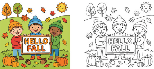 Fototapeta premium Kids holding hello fall sign cartoon illustration and coloring page set. Children with autumn pumpkins, leaves, and sun vector template for educational activity.