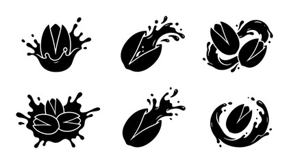 Fototapeta premium Pistachio Icons, Nut Splashes, Food Graphics, Healthy Snack Vector Set, Black and White