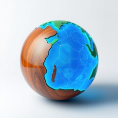 Obraz premium Stylized globe, wood texture contrasts blue oceans, green landmasses. Bright lighting, simple background. Minimalist design.