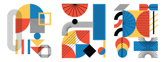 Fototapeta na wymiar Abstract geometric wall art vector set. Colorful modernist poster compositions with line patterns and bold shapes for interior decor, art print and textile design.