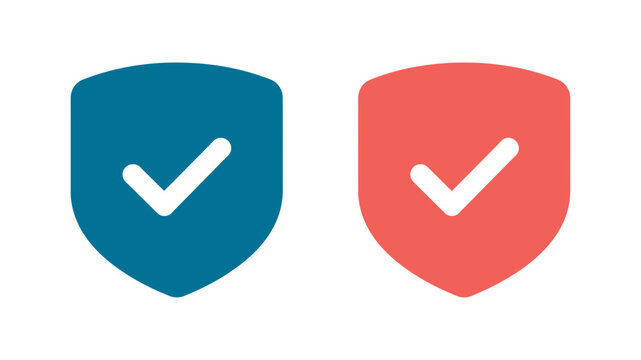 Blue and red security shield icons with checkmarks for verification and safety approval