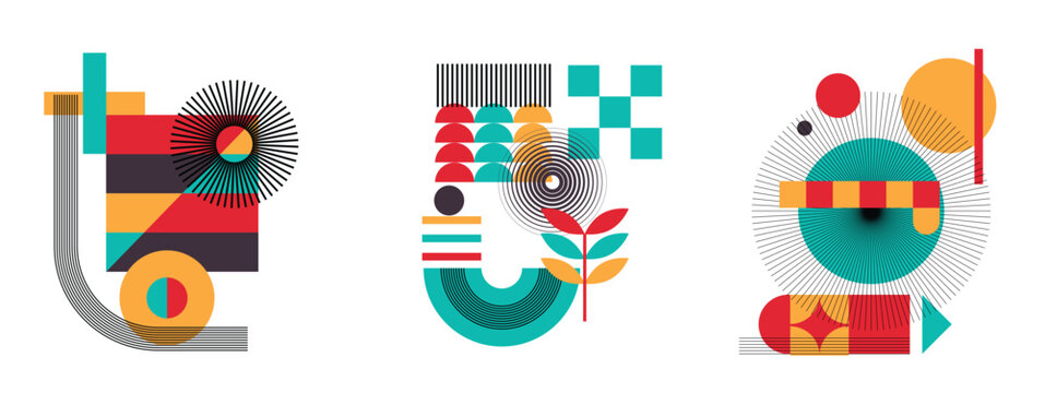 Abstract geometric wall art vector set. Colorful modernist poster compositions with line patterns and bold shapes for interior decor, art print and textile design.