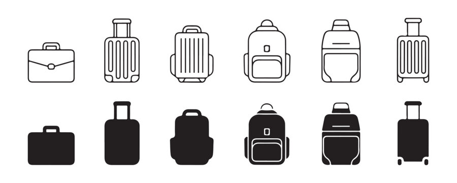 Travel baggage icons set with suitcase backpack and briefcase silhouettes for journey preparation.
