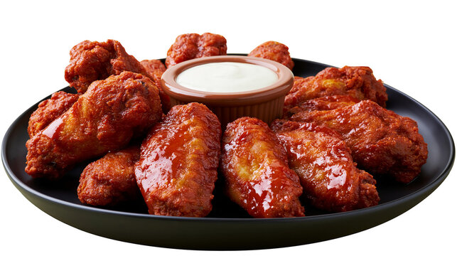 Spicy buffalo chicken wings with ranch dip on black plate