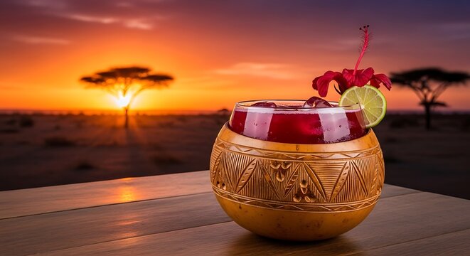 Exotic cocktail in a carved calabash at sunset in the African savanna.