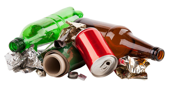Recycling pile of crushed aluminum can green plastic bottle brown glass bottle, and crumpled foil