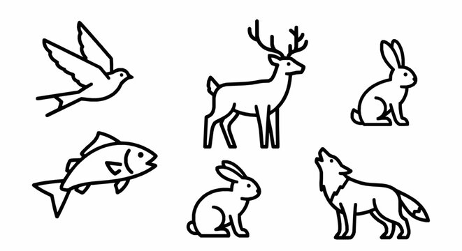 Minimalist animal outline icons set including deer, wolf, rabbit, bird and fish
