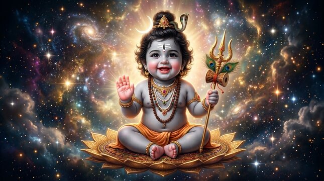 Cute Baby Lord Shiva Vector Illustration - Little Bal Shiva Sitting on Lotus with Trishul in Cosmic Galaxy Background, Hindu Deity Divine Art
