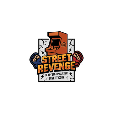 Retro Street Revenge Beat‑Em‑Up Arcade Cabinet Emblem Featuring Boxing Gloves, Lightning Bolts, Cracked Stone Background And Insert Coin Classic Gaming Text Vector Illustration