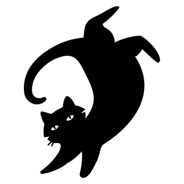 Black cat rolling playful silhouette, flat cartoon character. Funny crazy kitty twisting pose, zoomies cat icon, vector clipart isolated on white background.