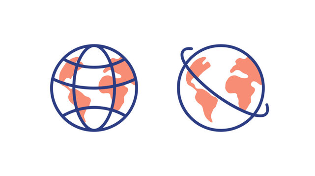 Global network illustrations featuring two stylized earth globes with orange continents and blue lines