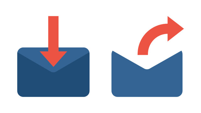 Email communication vector icons with incoming and outgoing red arrows on blue envelope folders