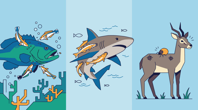 Three stylized animal illustrations fish shark and antelope.