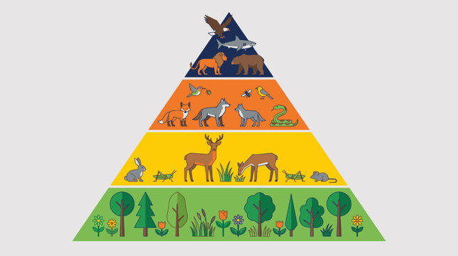 Illustrated Ecological Pyramid Showing Trophic Levels And Animals.