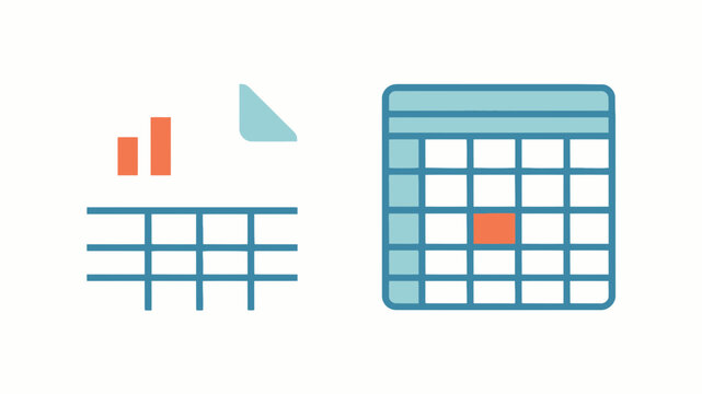 Spreadsheet and data analysis vector icons including bar charts and tables for business