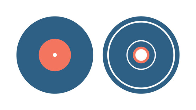 Vector illustrations of vinyl records in dark blue with orange center labels for music and audio concepts