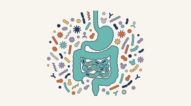 Stylized Human Digestive System With Microbes Illustration.