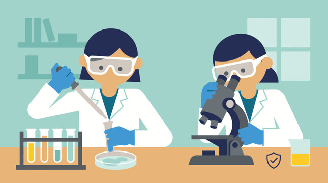 Two Laboratory Scientists Conducting Microscope And Culture Work.