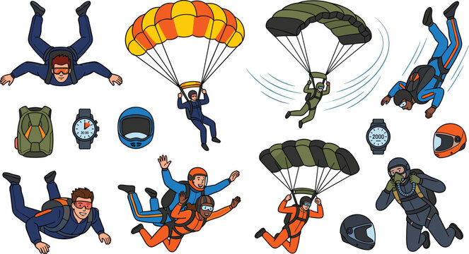 Skydiving and Parachuting Extreme Sport Vector Set with Skydivers Freefalling, Tandem Jumping, Flying with Parachutes, and Paratrooper Equipment Icons