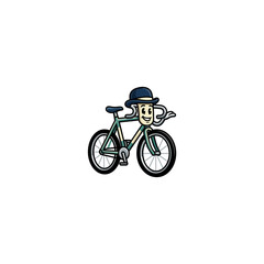 Obraz premium Anthropomorphic Bicycle Character With Smiling Face, Blue Bowler Hat, Teal Frame, Black Wheels, Spokes, Saddle And Handlebars Shaped Like A Mustache Vector Illustration