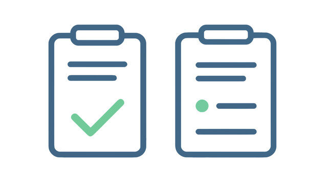 Checklist clipboard icons with green check mark and bullet points for task management and audit