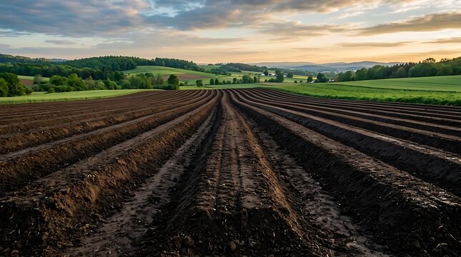 Plowed agriculture field with furrows at sunset in rural landscape